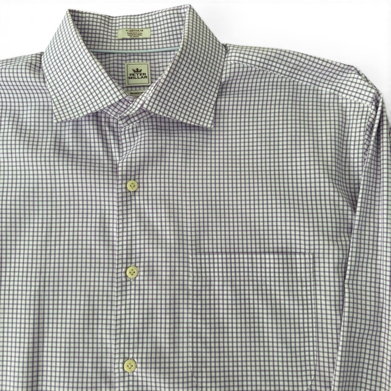Peter Millar Nanoluxe Easycare Shirt Mens 17 Regular White Purple Plaid Cotton